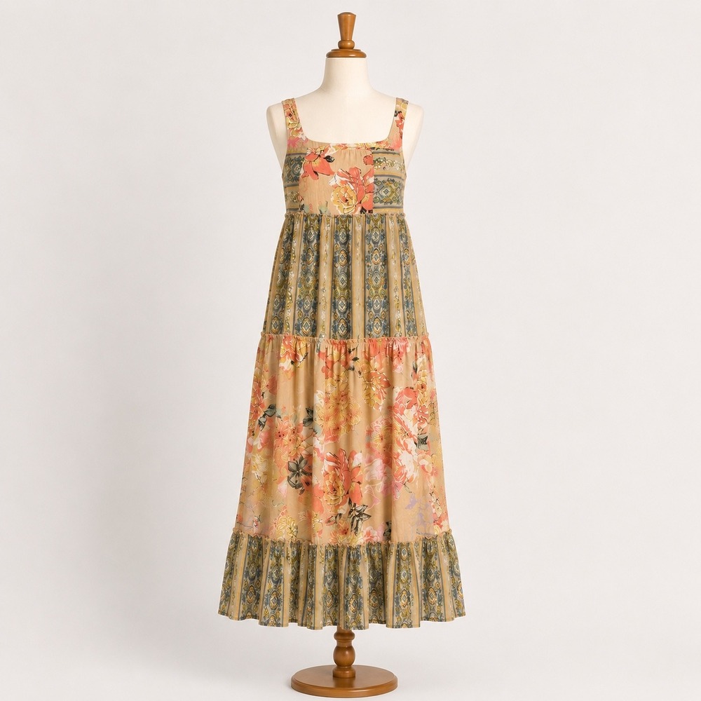 Davi & Dani Maxi Dress S Peach Floral Paisley Tiered Boho Mixed Print DD20480